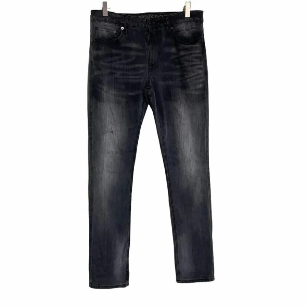American Eagle Slim Jeans 31x32 Black Extreme Flex Faded Distressed Denim